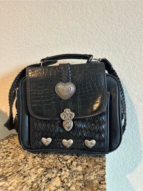 Black Woven Faux-Croc Satchel with Silver Heart Accents